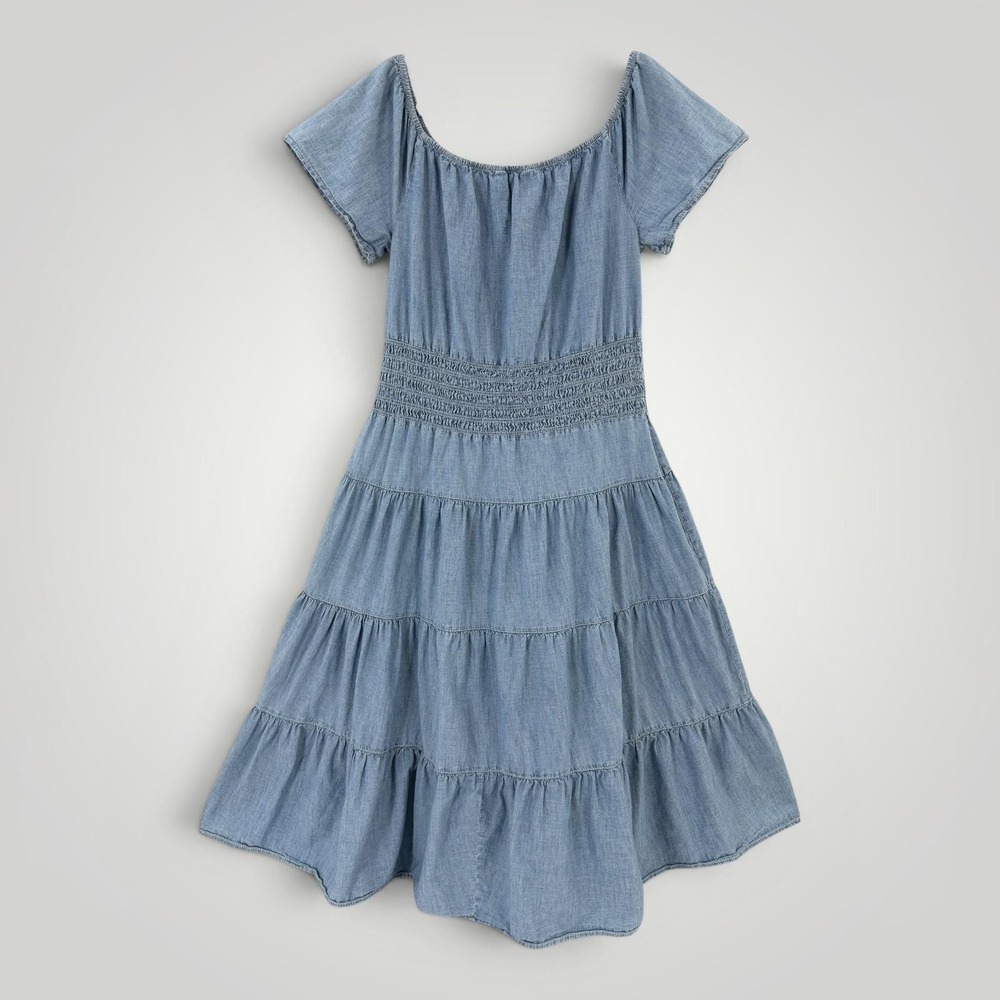 Lauren Ralph Lauren Chambray Maxi Dress Womens 12 Smocked Tiered Cotton - Picture 4 of 7